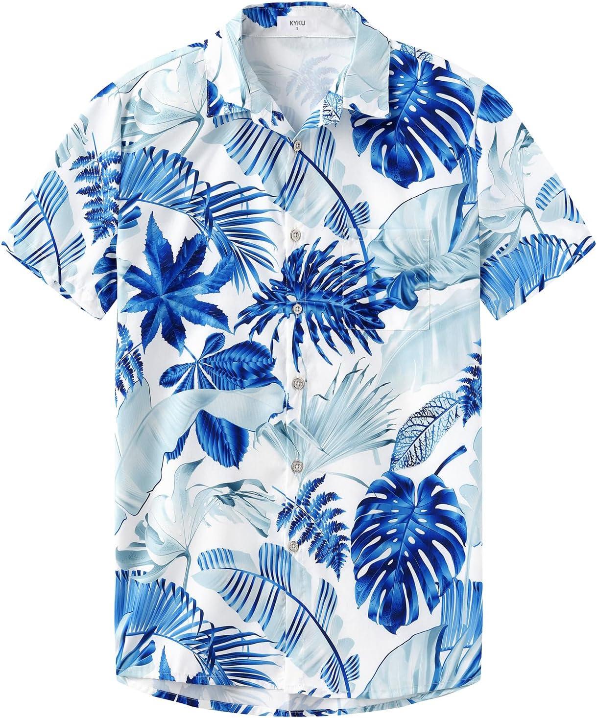 imageKYKU Hawaiian Mens Shirts Casual Beach Vacation Tropical Mens Button Down Short Sleeve Shirt with PocketBlue White Men Hawaiian Button Down Shirts