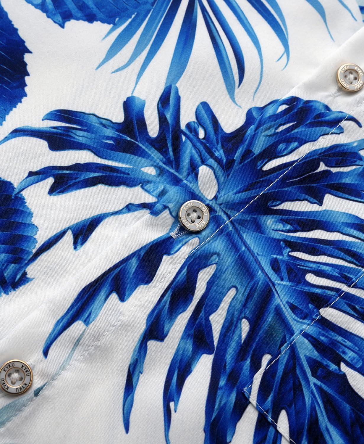 imageKYKU Hawaiian Mens Shirts Casual Beach Vacation Tropical Mens Button Down Short Sleeve Shirt with PocketBlue White Men Hawaiian Button Down Shirts