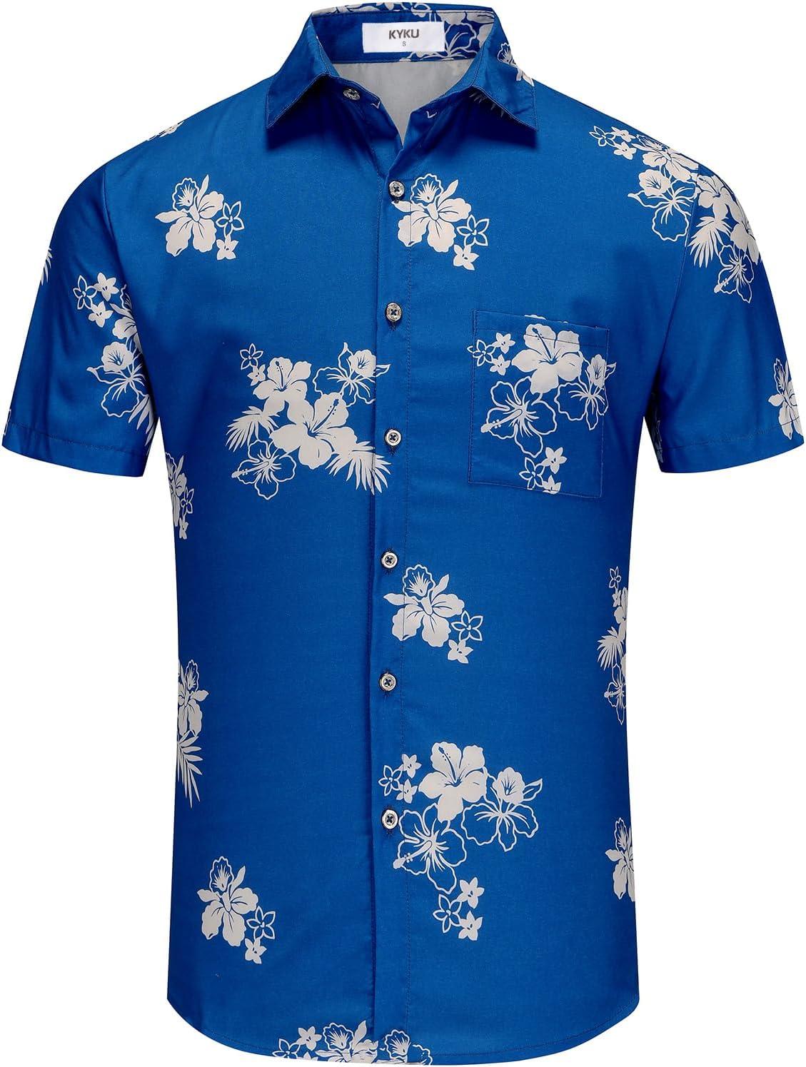 imageKYKU Hawaiian Mens Shirts Casual Beach Vacation Tropical Mens Button Down Short Sleeve Shirt with PocketBlue White Mens Shirts Casual