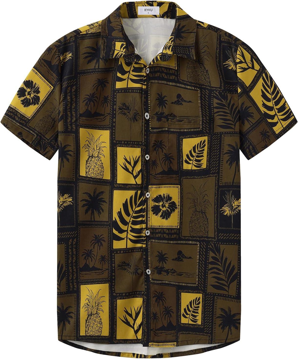 imageKYKU Hawaiian Mens Shirts Casual Beach Vacation Tropical Mens Button Down Short Sleeve Shirt with PocketBrown Hawaiian Men Button Down Shirt