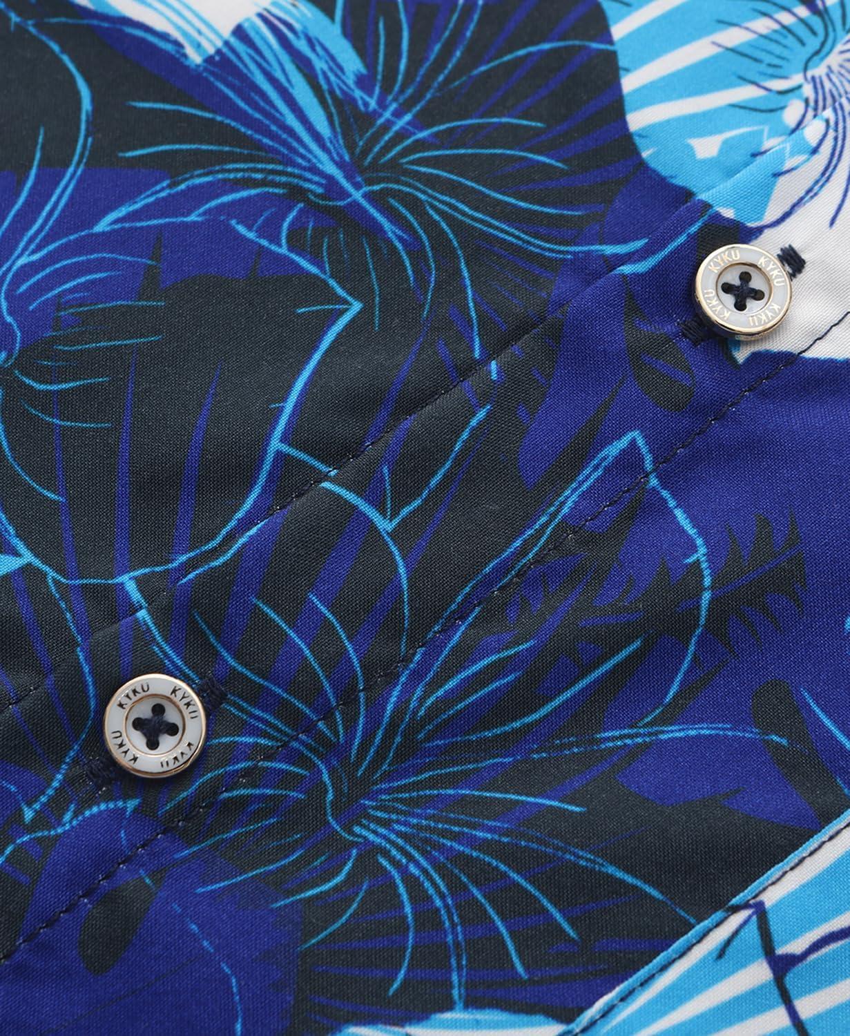 imageKYKU Hawaiian Mens Shirts Casual Beach Vacation Tropical Mens Button Down Short Sleeve Shirt with PocketFlorals Blue Men Hawaiian Button Shirt