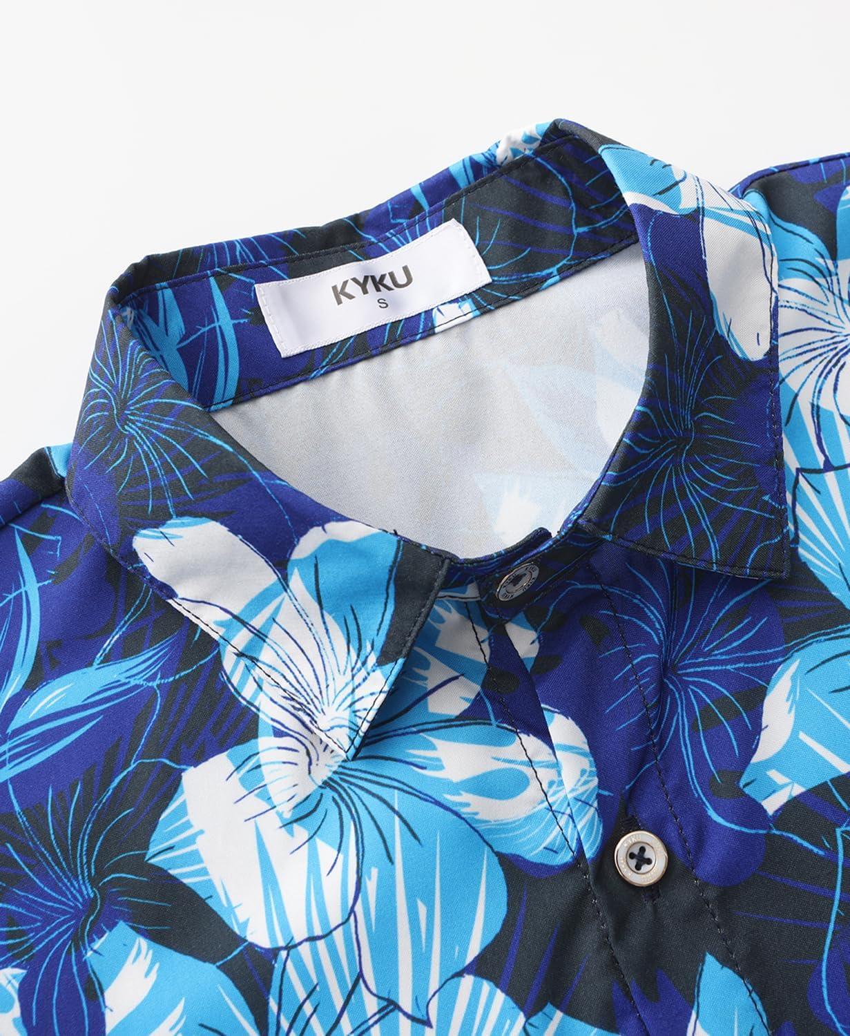 imageKYKU Hawaiian Mens Shirts Casual Beach Vacation Tropical Mens Button Down Short Sleeve Shirt with PocketFlorals Blue Men Hawaiian Button Shirt
