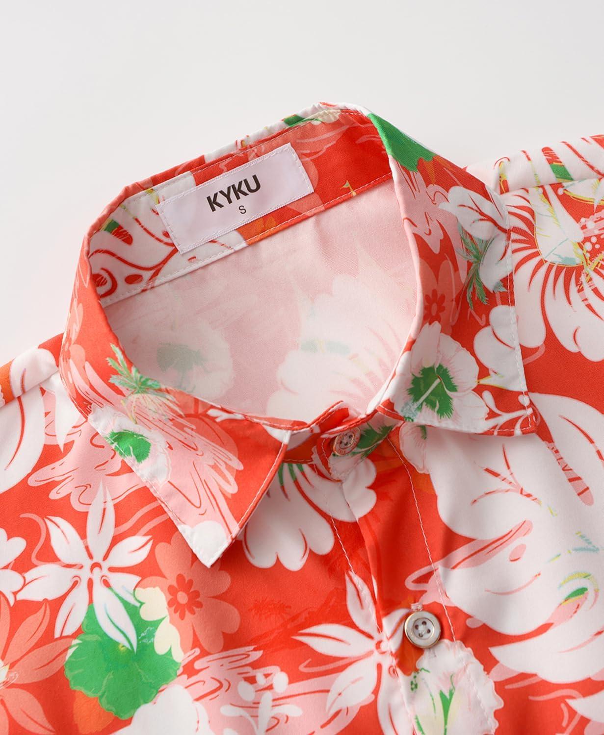 imageKYKU Hawaiian Mens Shirts Casual Beach Vacation Tropical Mens Button Down Short Sleeve Shirt with PocketFlorals Red Men Hawaiian Button Shirt