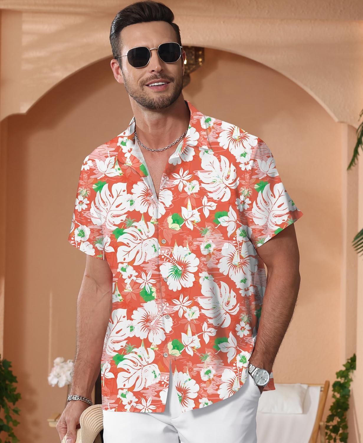 imageKYKU Hawaiian Mens Shirts Casual Beach Vacation Tropical Mens Button Down Short Sleeve Shirt with PocketFlorals Red Men Hawaiian Button Shirt