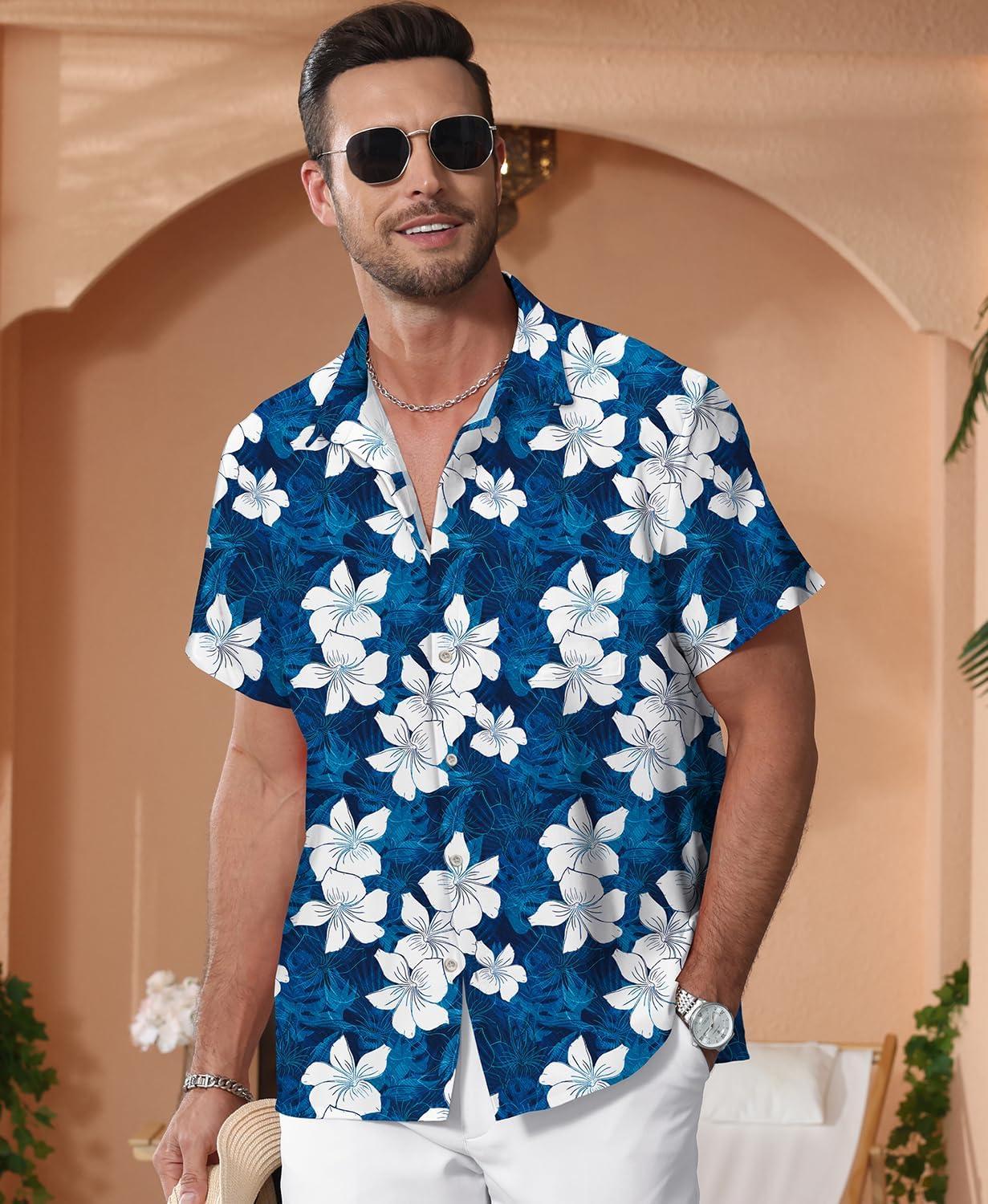 imageKYKU Hawaiian Mens Shirts Casual Beach Vacation Tropical Mens Button Down Short Sleeve Shirt with PocketFlorals White Men Hawaiian Button Shirt