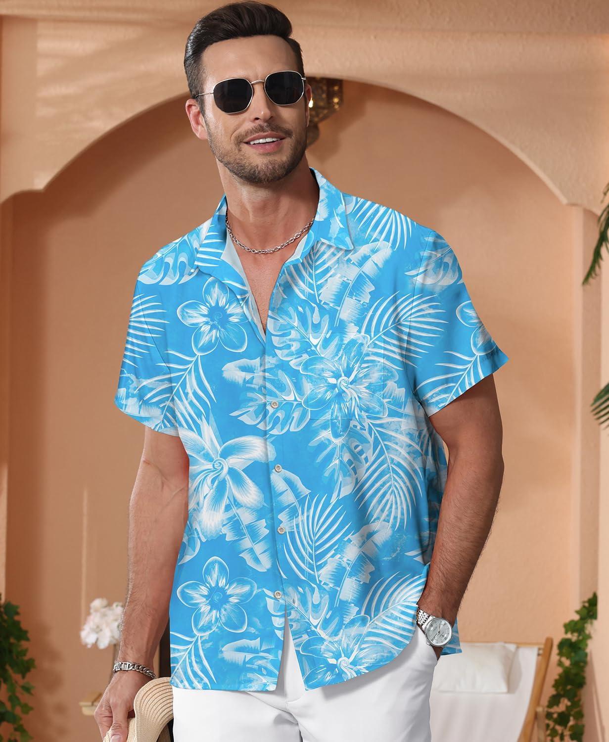 imageKYKU Hawaiian Mens Shirts Casual Beach Vacation Tropical Mens Button Down Short Sleeve Shirt with PocketFlower Blue Men Hawaiian Button Shirt