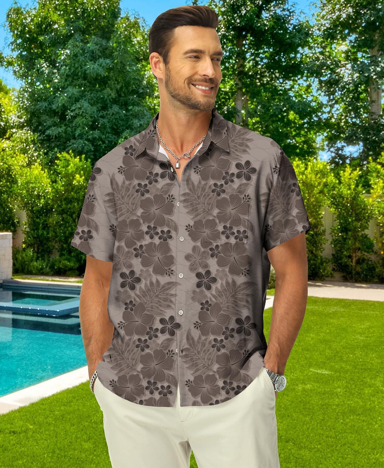 imageKYKU Hawaiian Mens Shirts Casual Beach Vacation Tropical Mens Button Down Short Sleeve Shirt with PocketGray Brown Hawaiian Men Button Down Shirt