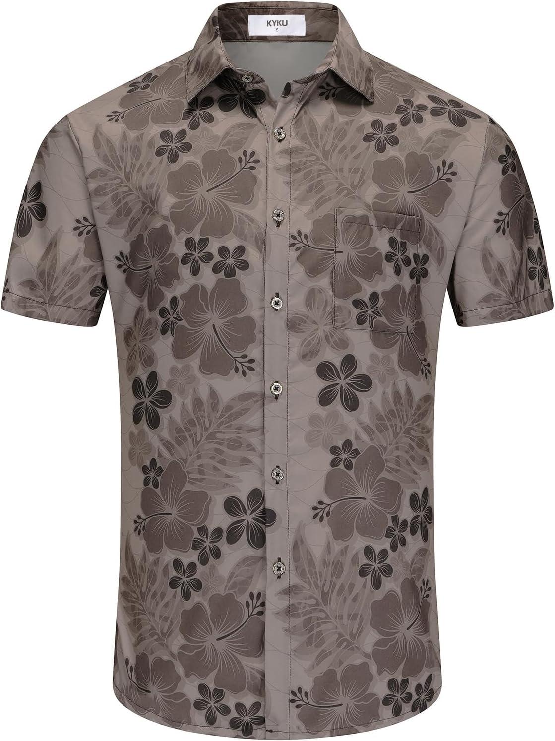 imageKYKU Hawaiian Mens Shirts Casual Beach Vacation Tropical Mens Button Down Short Sleeve Shirt with PocketGray Brown Hawaiian Men Button Down Shirt