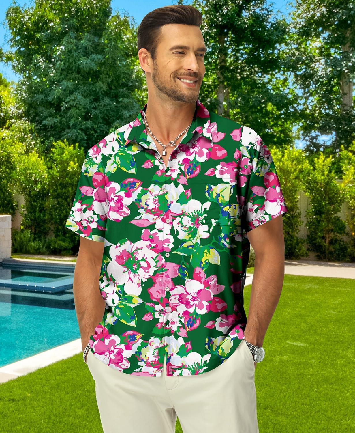 imageKYKU Hawaiian Mens Shirts Casual Beach Vacation Tropical Mens Button Down Short Sleeve Shirt with PocketGreen Hawaiian Men Button Down Shirt