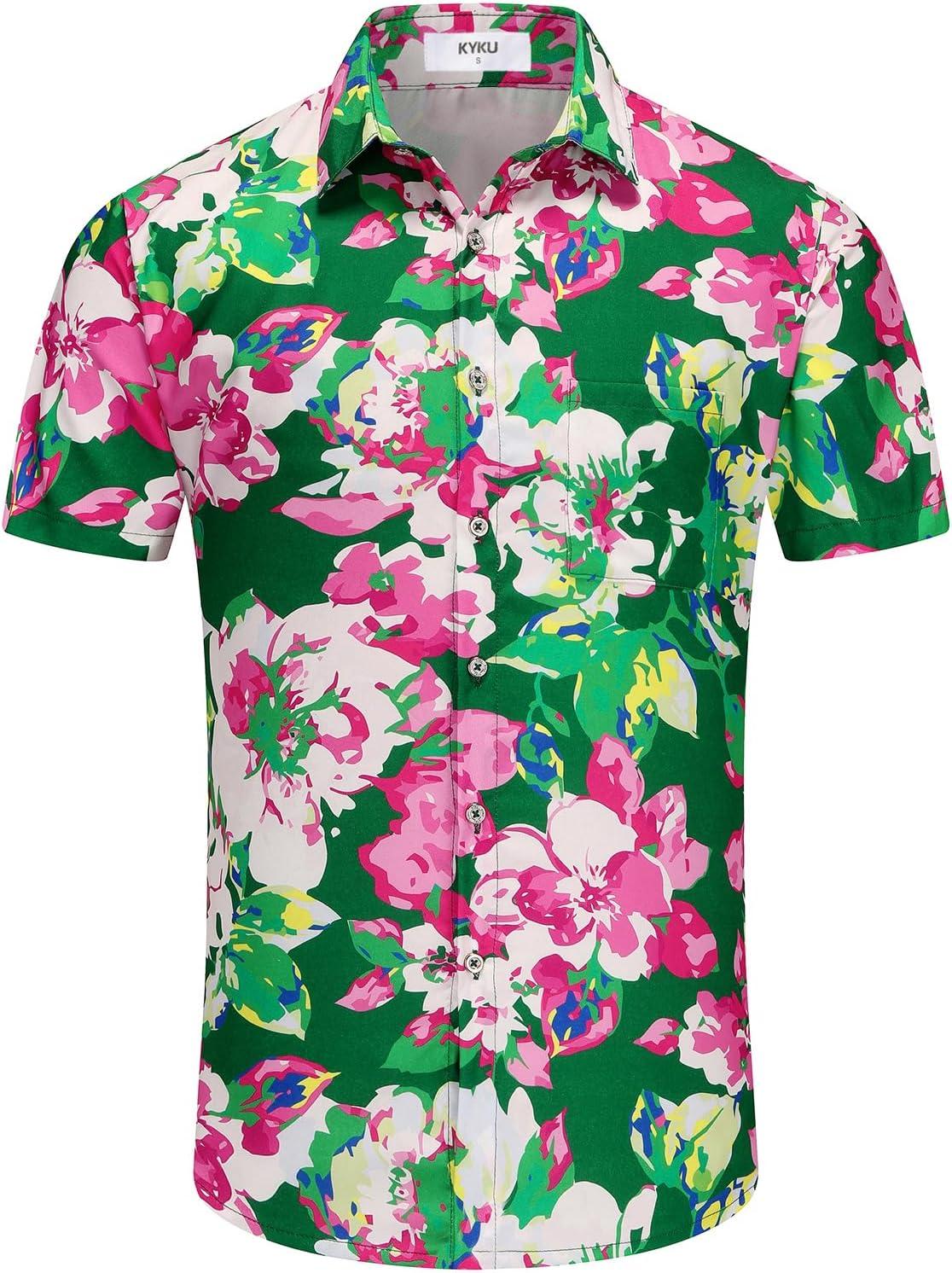 imageKYKU Hawaiian Mens Shirts Casual Beach Vacation Tropical Mens Button Down Short Sleeve Shirt with PocketGreen Hawaiian Men Button Down Shirt