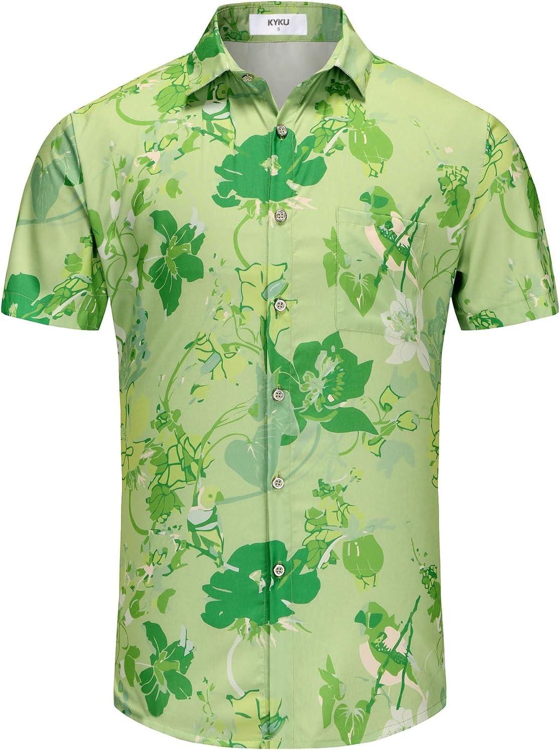 imageKYKU Hawaiian Mens Shirts Casual Beach Vacation Tropical Mens Button Down Short Sleeve Shirt with PocketGreen Hawaiian Men Casual Button Down Shirt