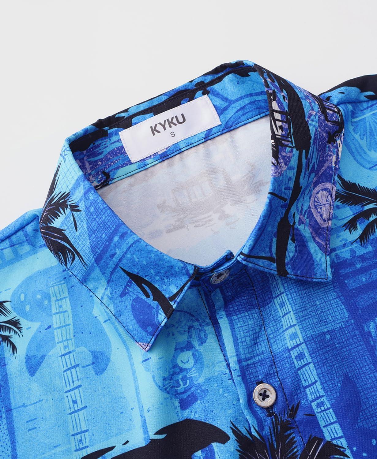 imageKYKU Hawaiian Mens Shirts Casual Beach Vacation Tropical Mens Button Down Short Sleeve Shirt with PocketGuitar Blue Men Hawaiian Button Shirt