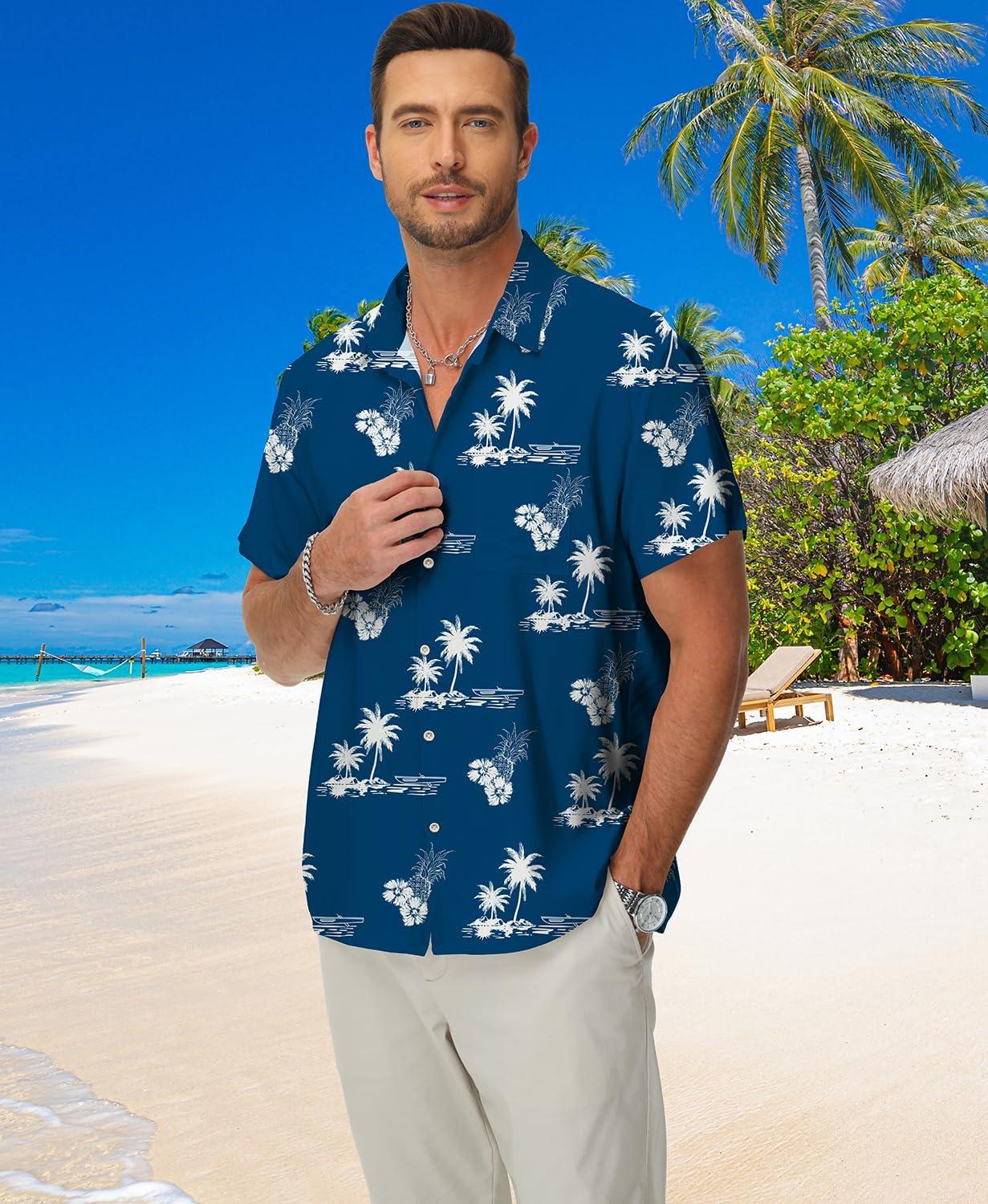 imageKYKU Hawaiian Mens Shirts Casual Beach Vacation Tropical Mens Button Down Short Sleeve Shirt with PocketIslands Blue Hawaiian Men Button Down Shirt