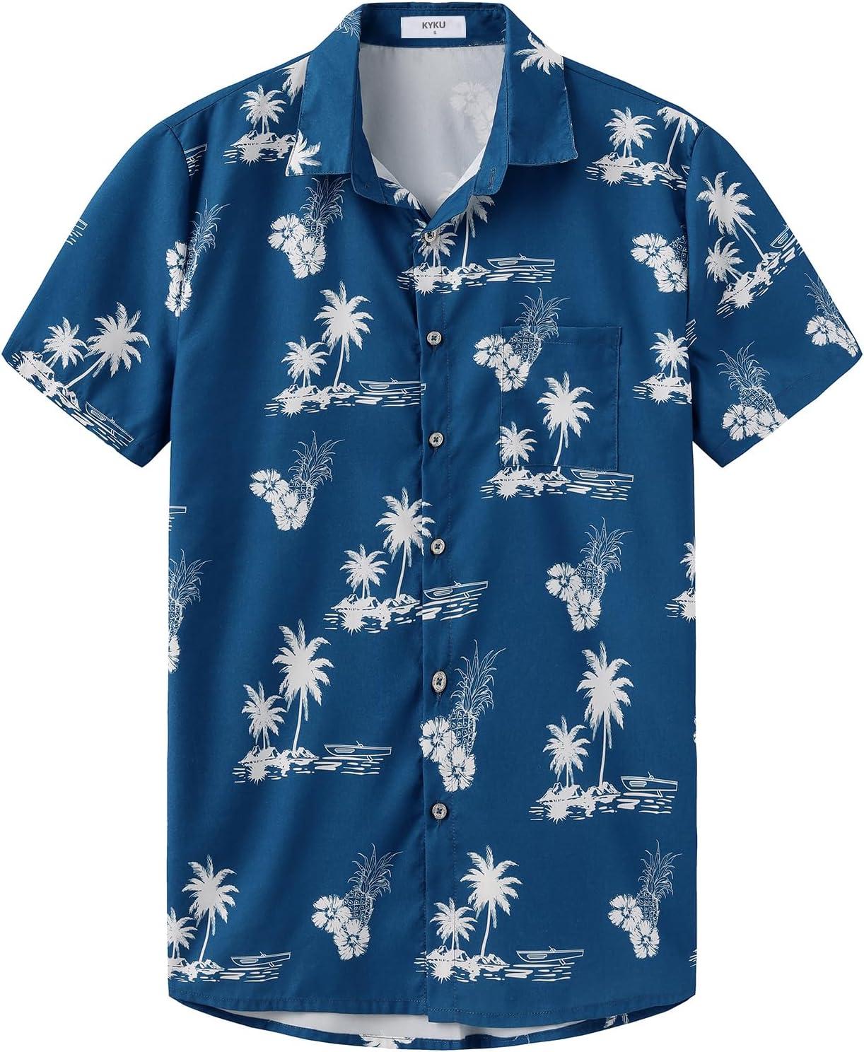 imageKYKU Hawaiian Mens Shirts Casual Beach Vacation Tropical Mens Button Down Short Sleeve Shirt with PocketIslands Blue Hawaiian Men Button Down Shirt