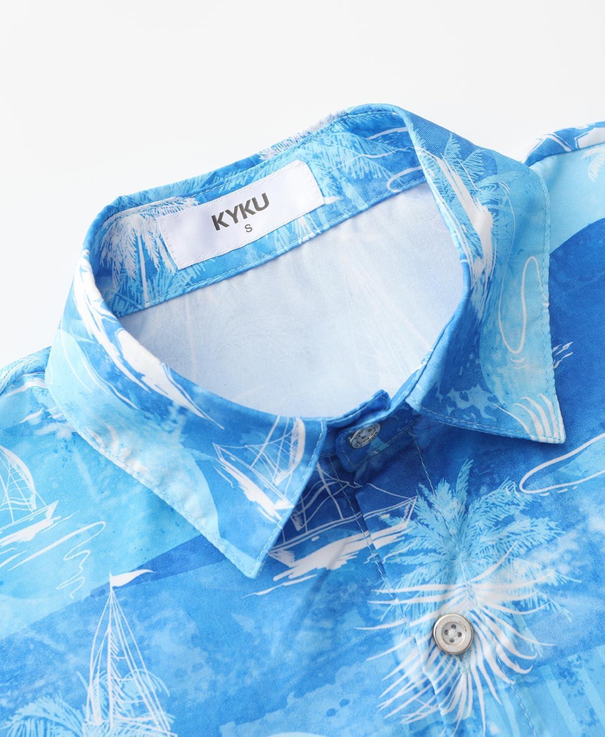 imageKYKU Hawaiian Mens Shirts Casual Beach Vacation Tropical Mens Button Down Short Sleeve Shirt with PocketIslands Blue Men Hawaiian Button Shirt