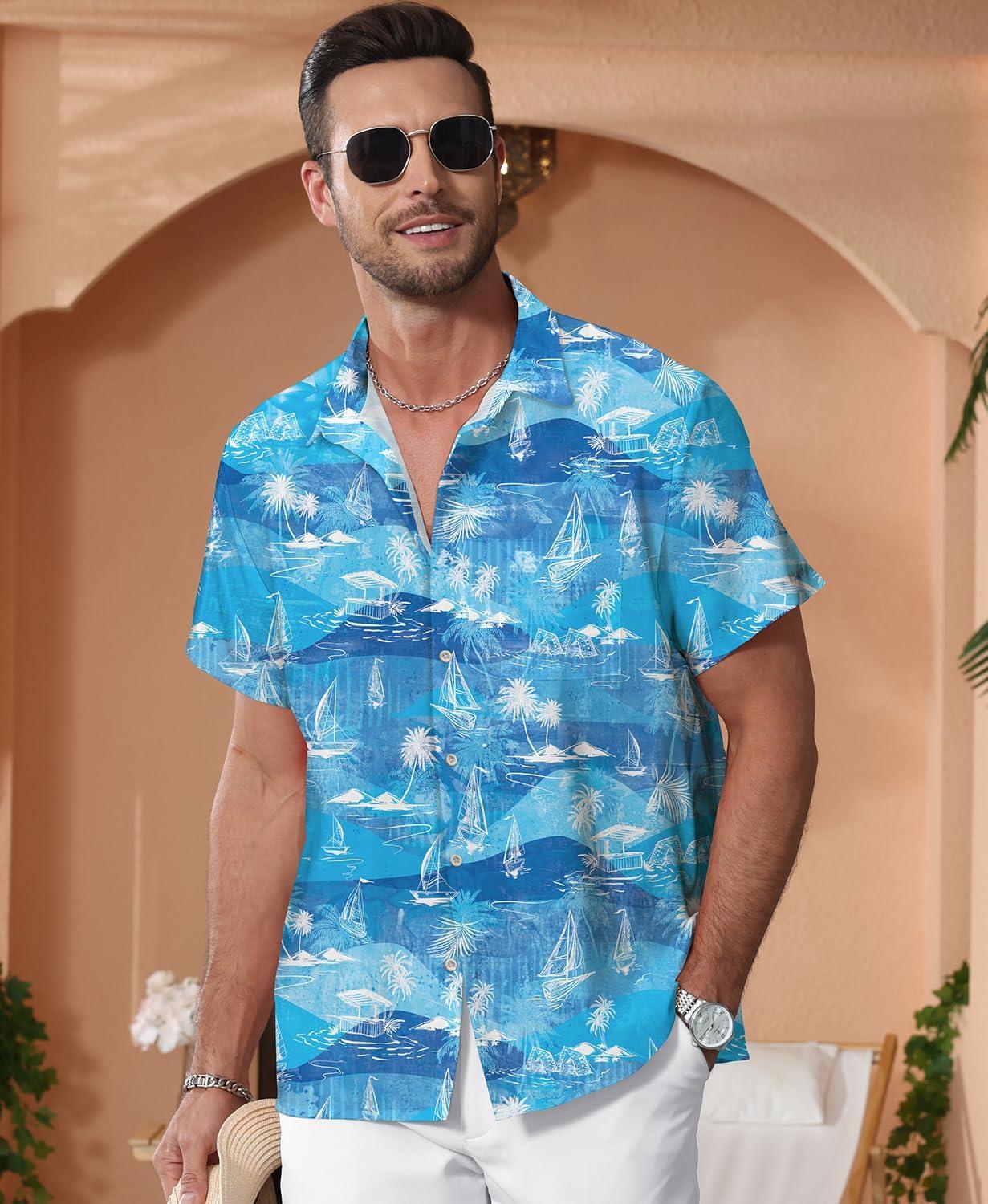imageKYKU Hawaiian Mens Shirts Casual Beach Vacation Tropical Mens Button Down Short Sleeve Shirt with PocketIslands Blue Men Hawaiian Button Shirt
