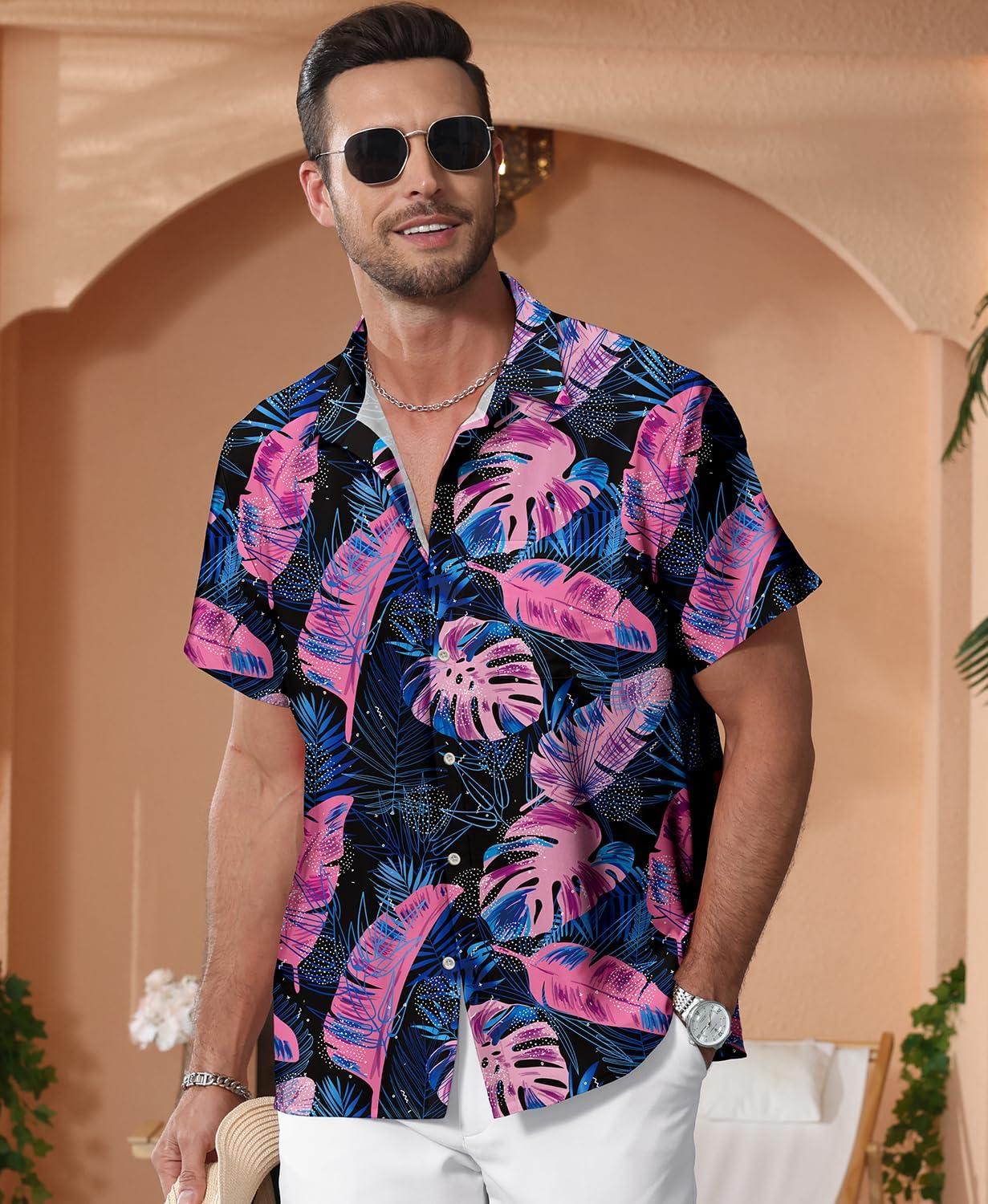 imageKYKU Hawaiian Mens Shirts Casual Beach Vacation Tropical Mens Button Down Short Sleeve Shirt with PocketLeaf Black Men Hawaiian Button Shirts