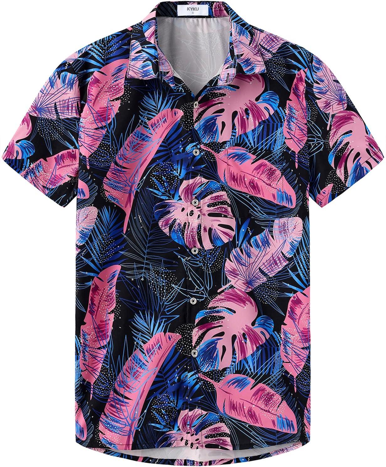imageKYKU Hawaiian Mens Shirts Casual Beach Vacation Tropical Mens Button Down Short Sleeve Shirt with PocketLeaf Black Men Hawaiian Button Shirts
