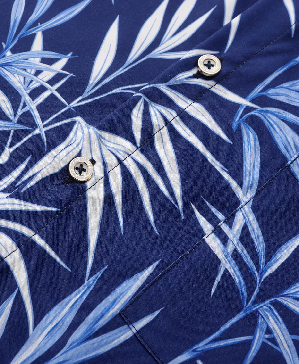 imageKYKU Hawaiian Mens Shirts Casual Beach Vacation Tropical Mens Button Down Short Sleeve Shirt with PocketLeaf Blue Men Hawaiian Button Shirts