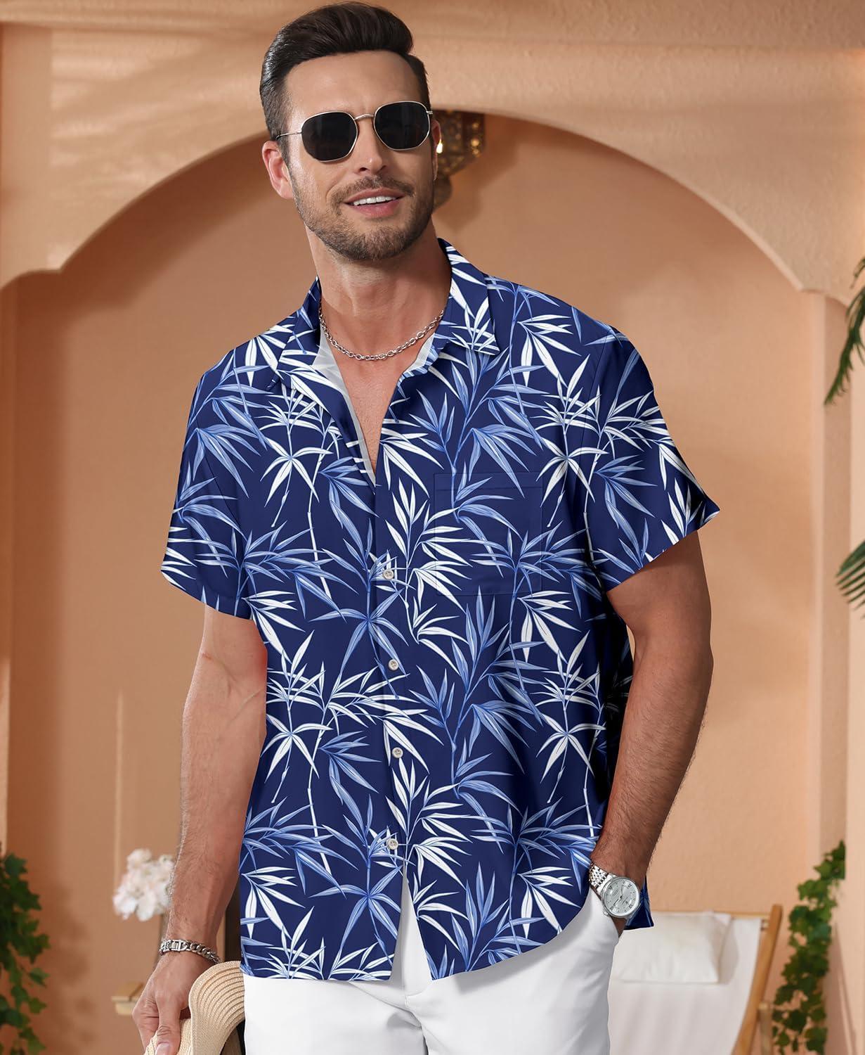 imageKYKU Hawaiian Mens Shirts Casual Beach Vacation Tropical Mens Button Down Short Sleeve Shirt with PocketLeaf Blue Men Hawaiian Button Shirts