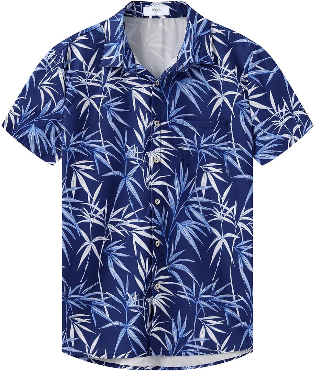 imageKYKU Hawaiian Mens Shirts Casual Beach Vacation Tropical Mens Button Down Short Sleeve Shirt with PocketLeaf Blue Men Hawaiian Button Shirts