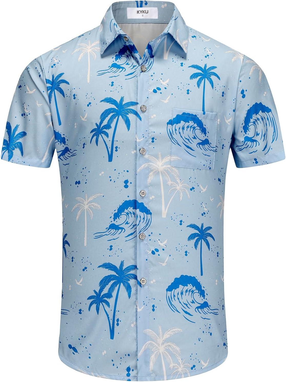 imageKYKU Hawaiian Mens Shirts Casual Beach Vacation Tropical Mens Button Down Short Sleeve Shirt with PocketLight Blue Hawaiian Men Button Down Shirt