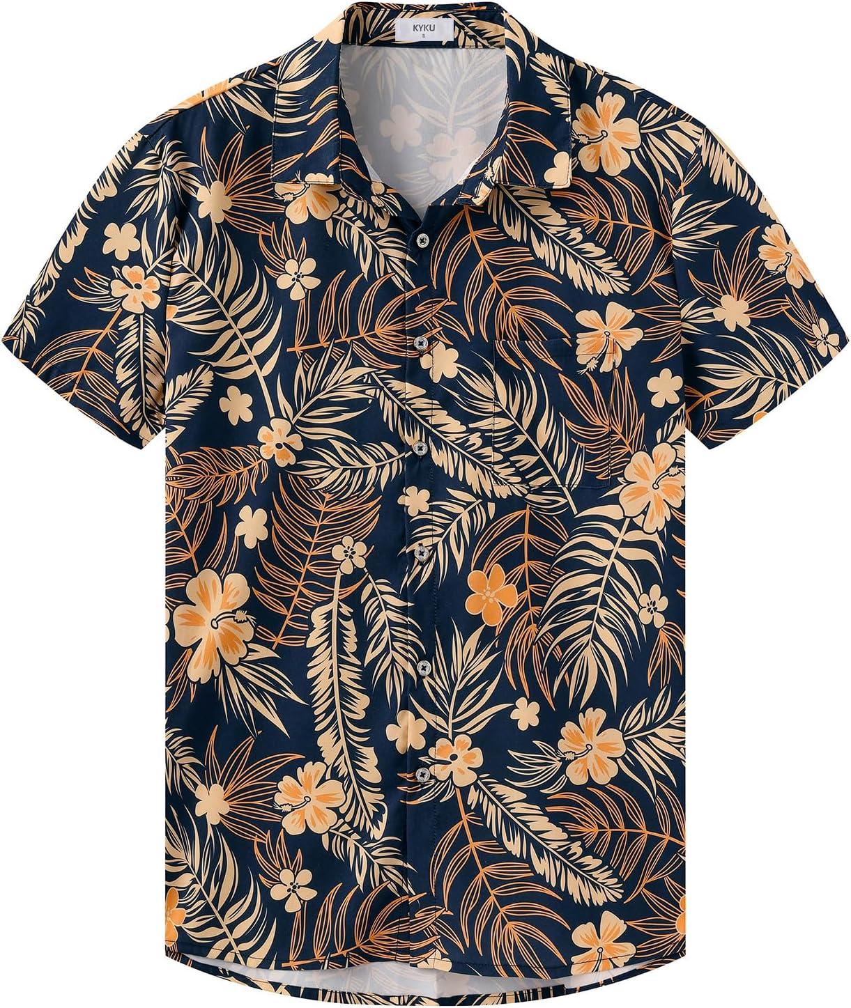 imageKYKU Hawaiian Mens Shirts Casual Beach Vacation Tropical Mens Button Down Short Sleeve Shirt with PocketNavy Blue Hawaiian Men Button Down Shirt