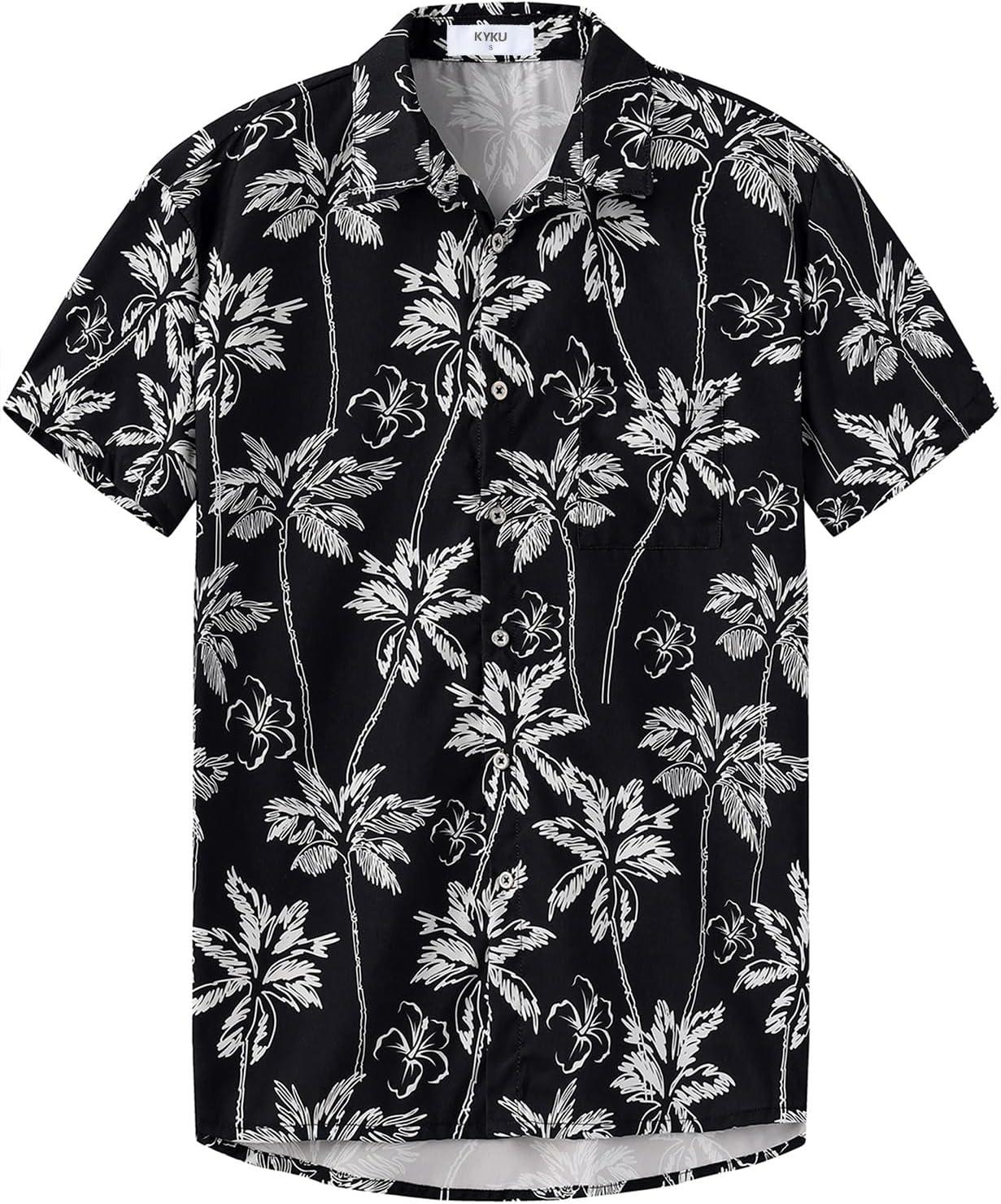 imageKYKU Hawaiian Mens Shirts Casual Beach Vacation Tropical Mens Button Down Short Sleeve Shirt with PocketTree Black Men Hawaiian Button Shirt