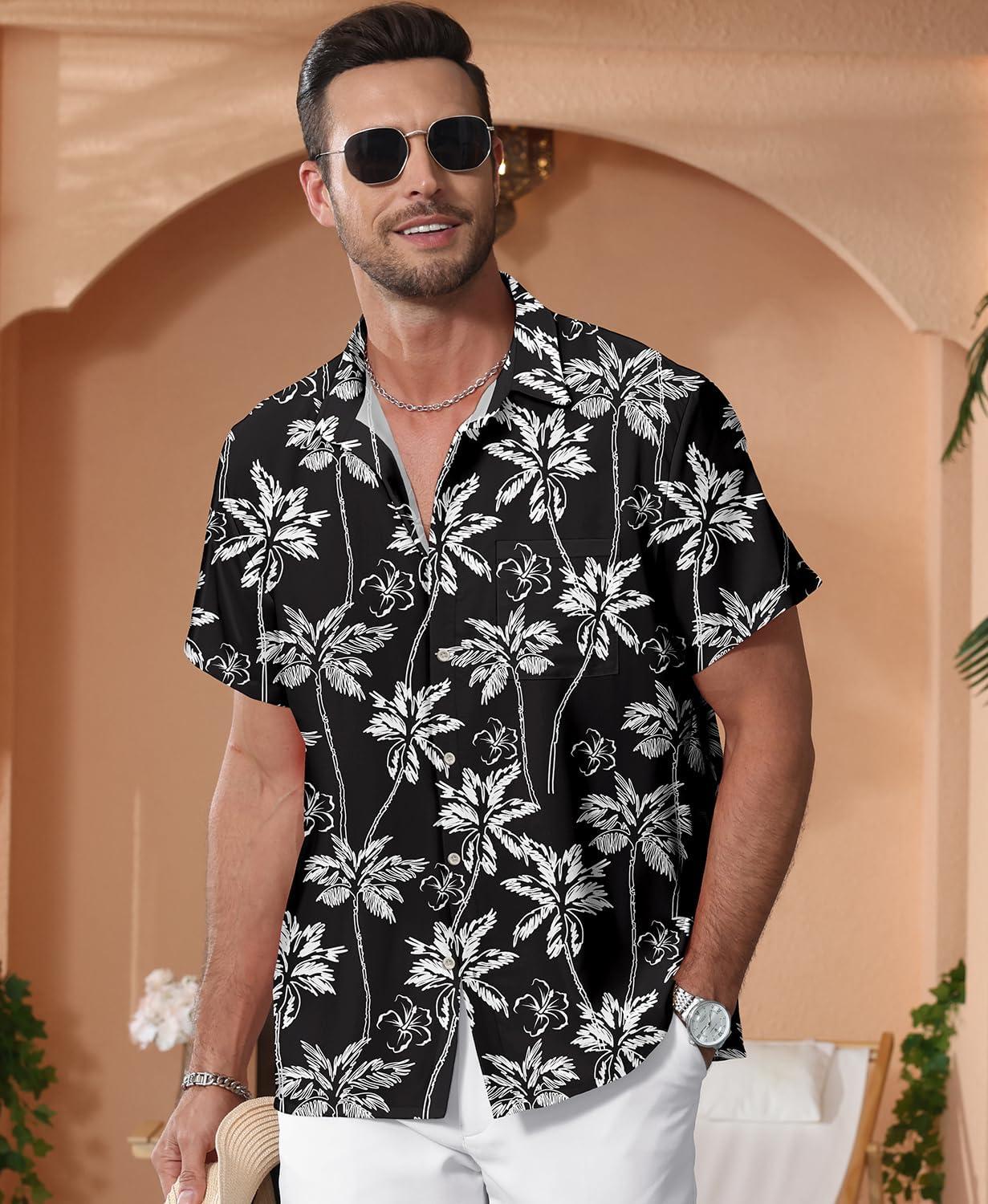 imageKYKU Hawaiian Mens Shirts Casual Beach Vacation Tropical Mens Button Down Short Sleeve Shirt with PocketTree Black Men Hawaiian Button Shirt