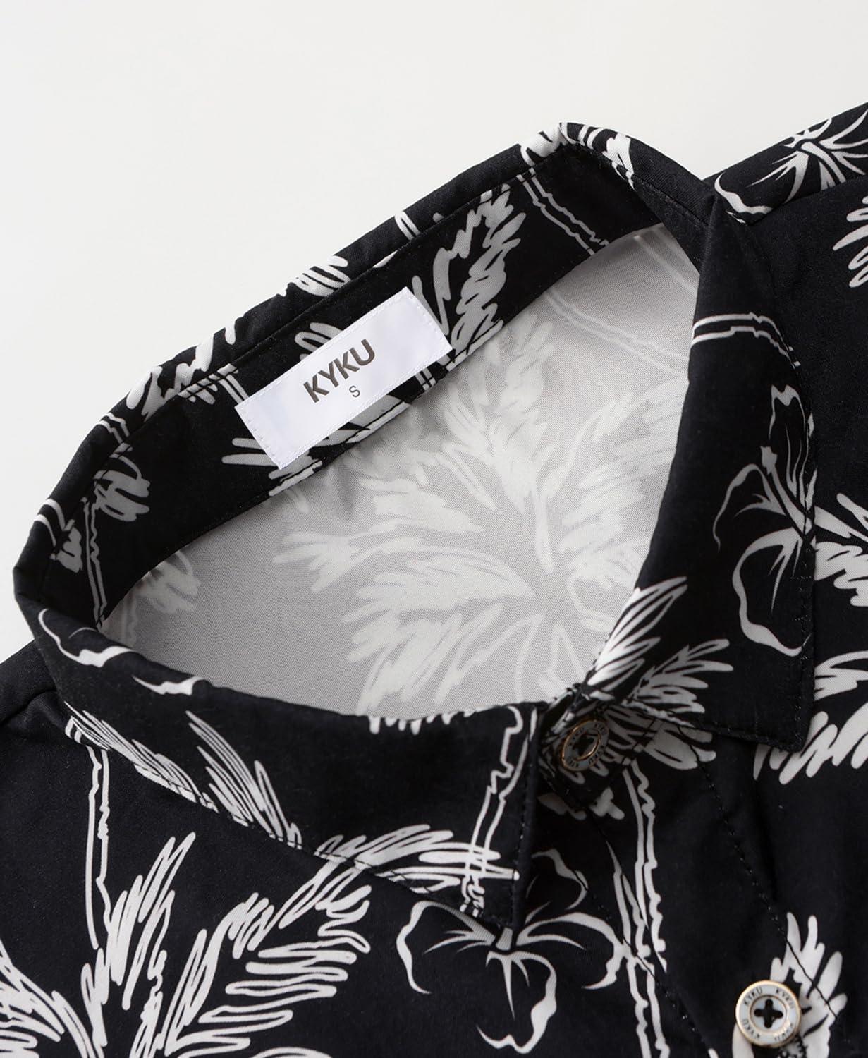 imageKYKU Hawaiian Mens Shirts Casual Beach Vacation Tropical Mens Button Down Short Sleeve Shirt with PocketTree Black Men Hawaiian Button Shirt