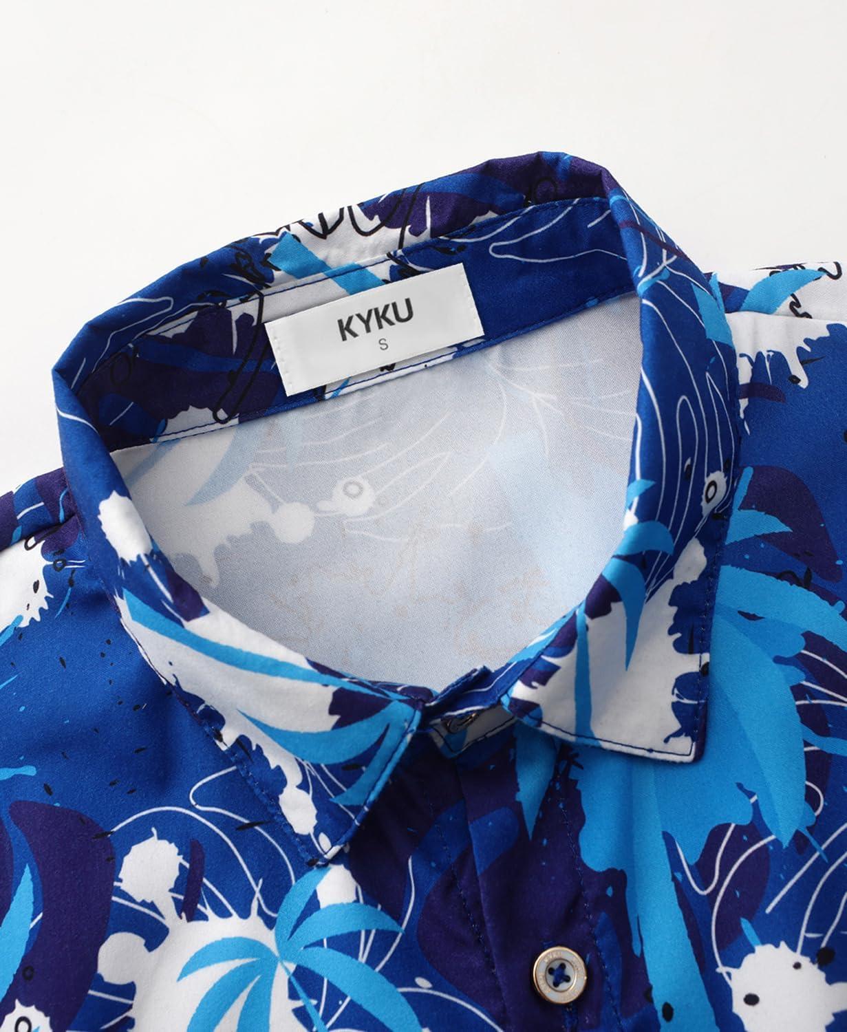 imageKYKU Hawaiian Mens Shirts Casual Beach Vacation Tropical Mens Button Down Short Sleeve Shirt with PocketTree Blue Hawaiian Men Button Down Shirt