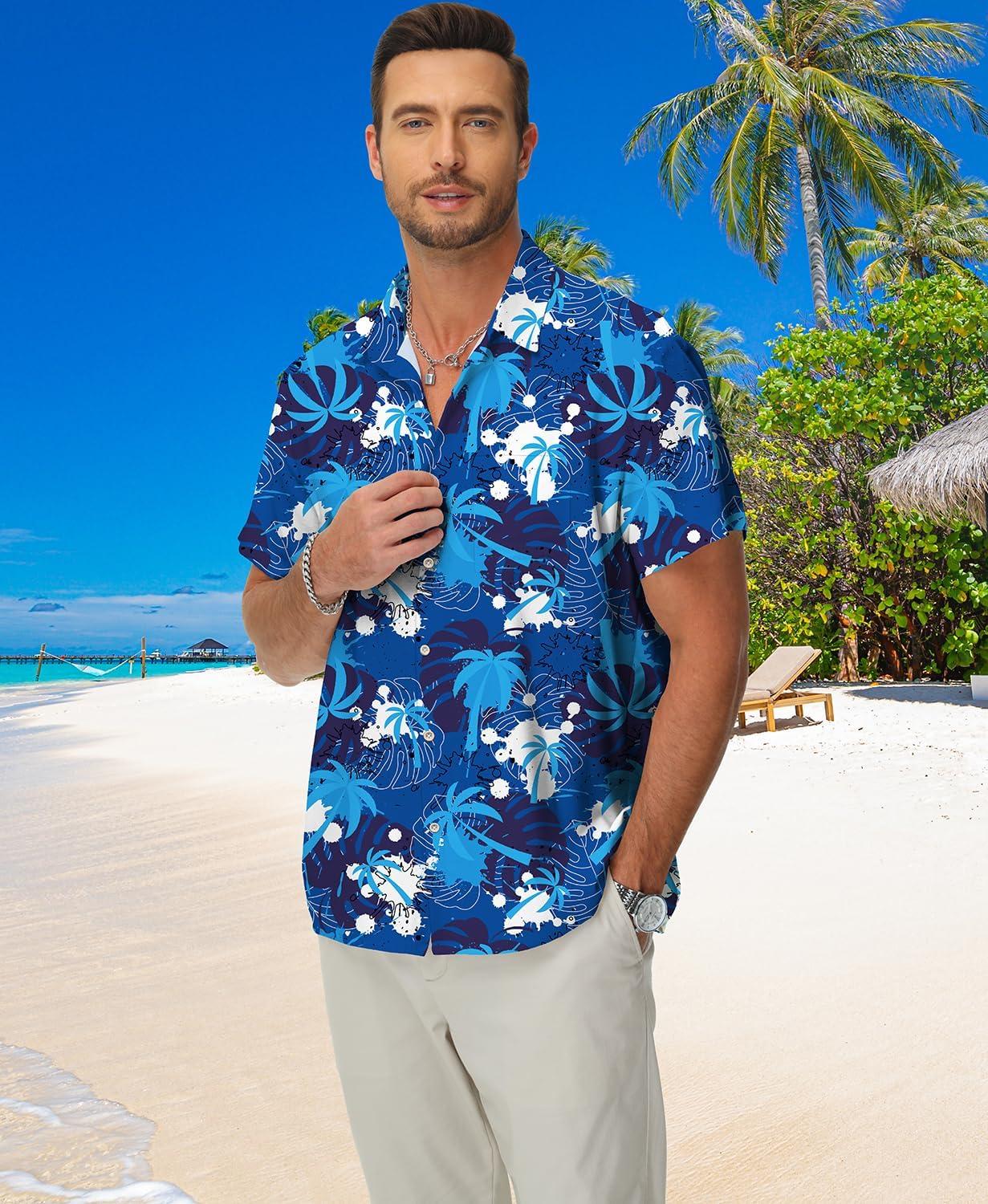 imageKYKU Hawaiian Mens Shirts Casual Beach Vacation Tropical Mens Button Down Short Sleeve Shirt with PocketTree Blue Hawaiian Men Button Down Shirt