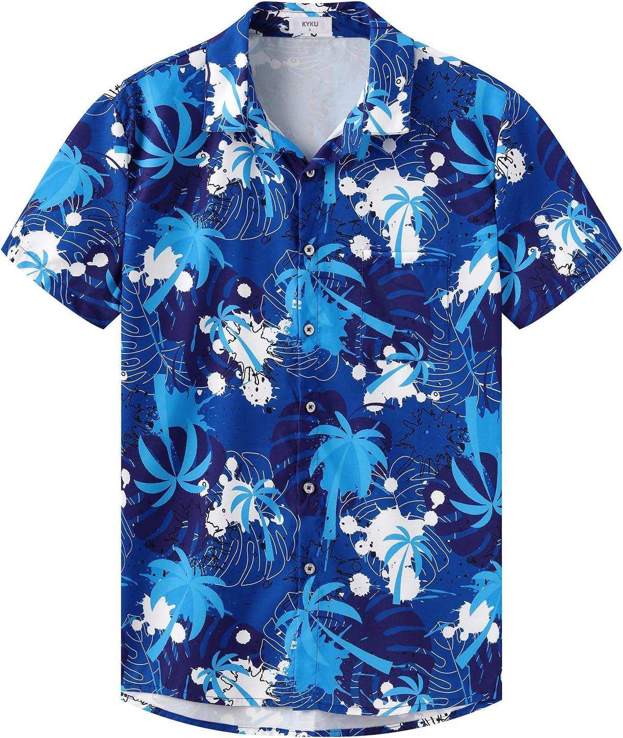 imageKYKU Hawaiian Mens Shirts Casual Beach Vacation Tropical Mens Button Down Short Sleeve Shirt with PocketTree Blue Hawaiian Men Button Down Shirt