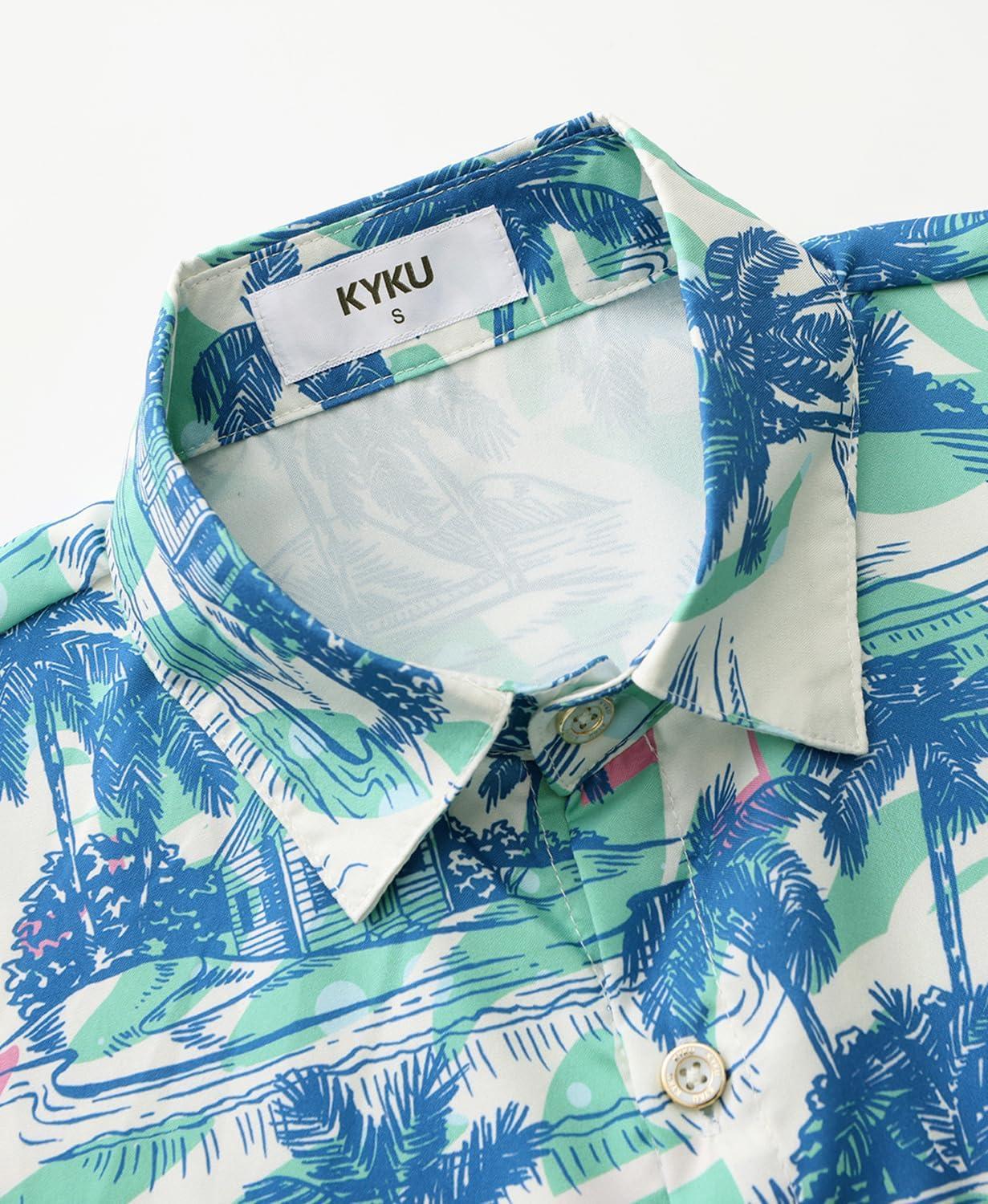 imageKYKU Hawaiian Mens Shirts Casual Beach Vacation Tropical Mens Button Down Short Sleeve Shirt with PocketTree Blue Hawaiian Shirt for Men