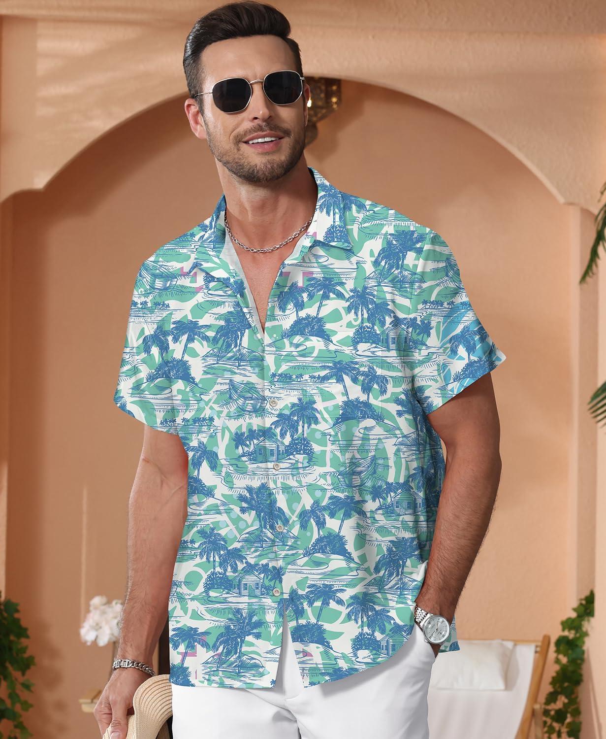 imageKYKU Hawaiian Mens Shirts Casual Beach Vacation Tropical Mens Button Down Short Sleeve Shirt with PocketTree Blue Hawaiian Shirt for Men