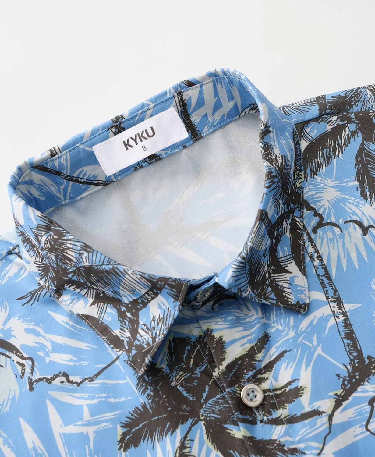 imageKYKU Hawaiian Mens Shirts Casual Beach Vacation Tropical Mens Button Down Short Sleeve Shirt with PocketTree Blue Men Hawaiian Button Shirt