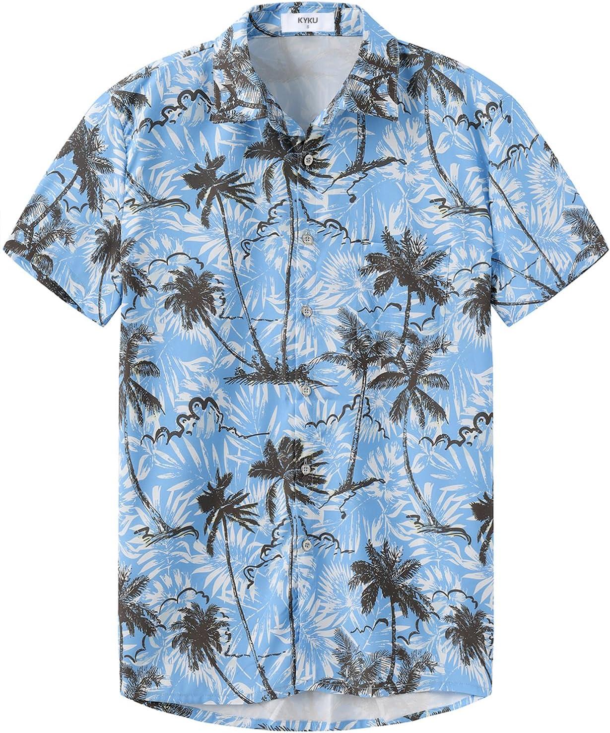 imageKYKU Hawaiian Mens Shirts Casual Beach Vacation Tropical Mens Button Down Short Sleeve Shirt with PocketTree Blue Men Hawaiian Button Shirt