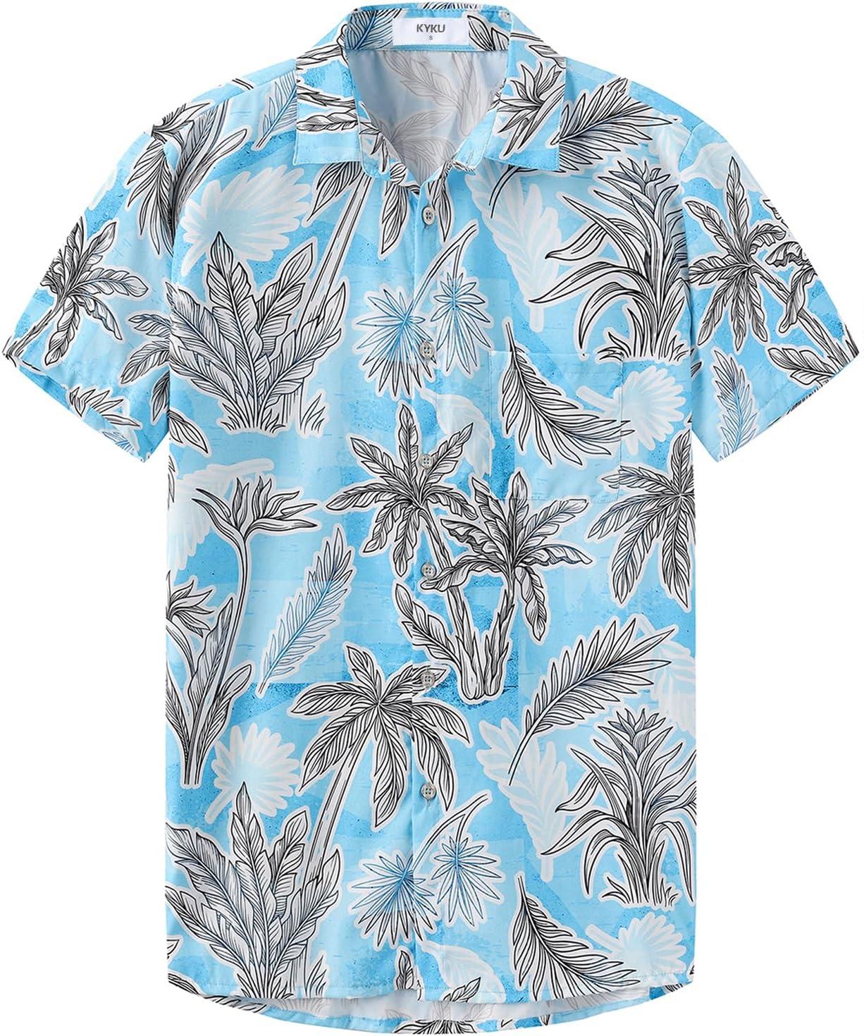 imageKYKU Hawaiian Mens Shirts Casual Beach Vacation Tropical Mens Button Down Short Sleeve Shirt with PocketTree Blue Men Hawaiian Button Shirts