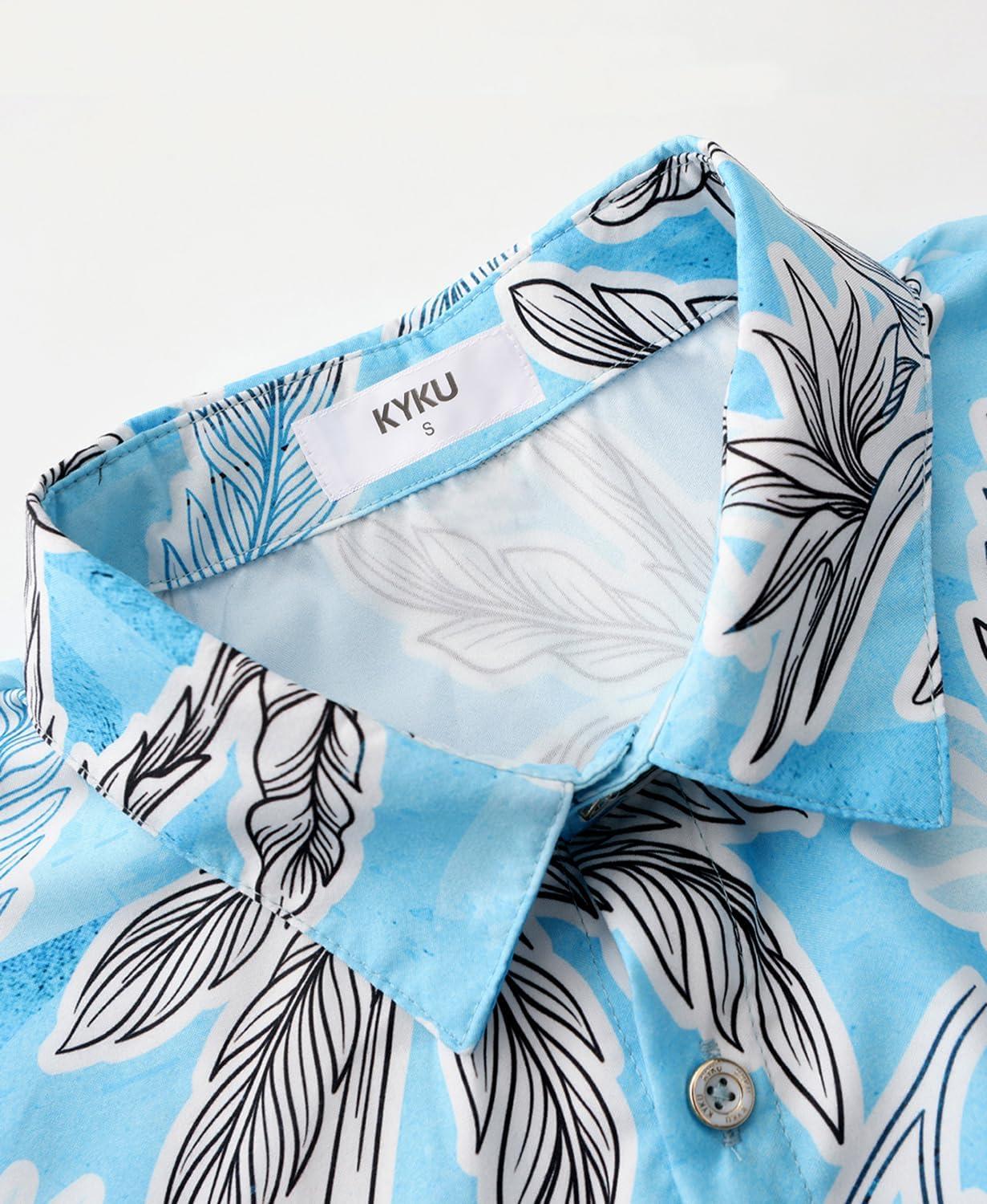 imageKYKU Hawaiian Mens Shirts Casual Beach Vacation Tropical Mens Button Down Short Sleeve Shirt with PocketTree Blue Men Hawaiian Button Shirts