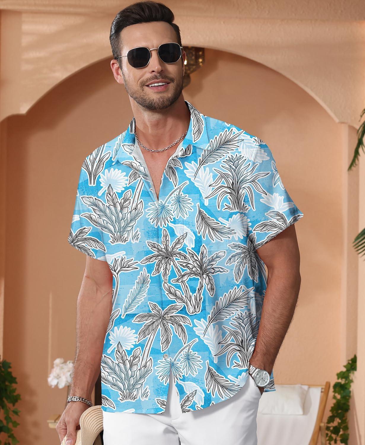 imageKYKU Hawaiian Mens Shirts Casual Beach Vacation Tropical Mens Button Down Short Sleeve Shirt with PocketTree Blue Men Hawaiian Button Shirts