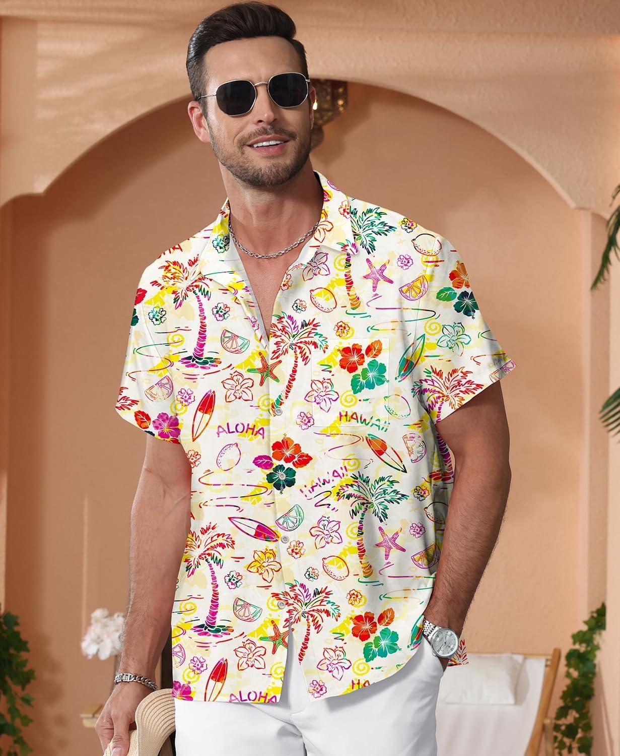 imageKYKU Hawaiian Mens Shirts Casual Beach Vacation Tropical Mens Button Down Short Sleeve Shirt with PocketTropical Multicolor Men Hawaiian Button Shirt