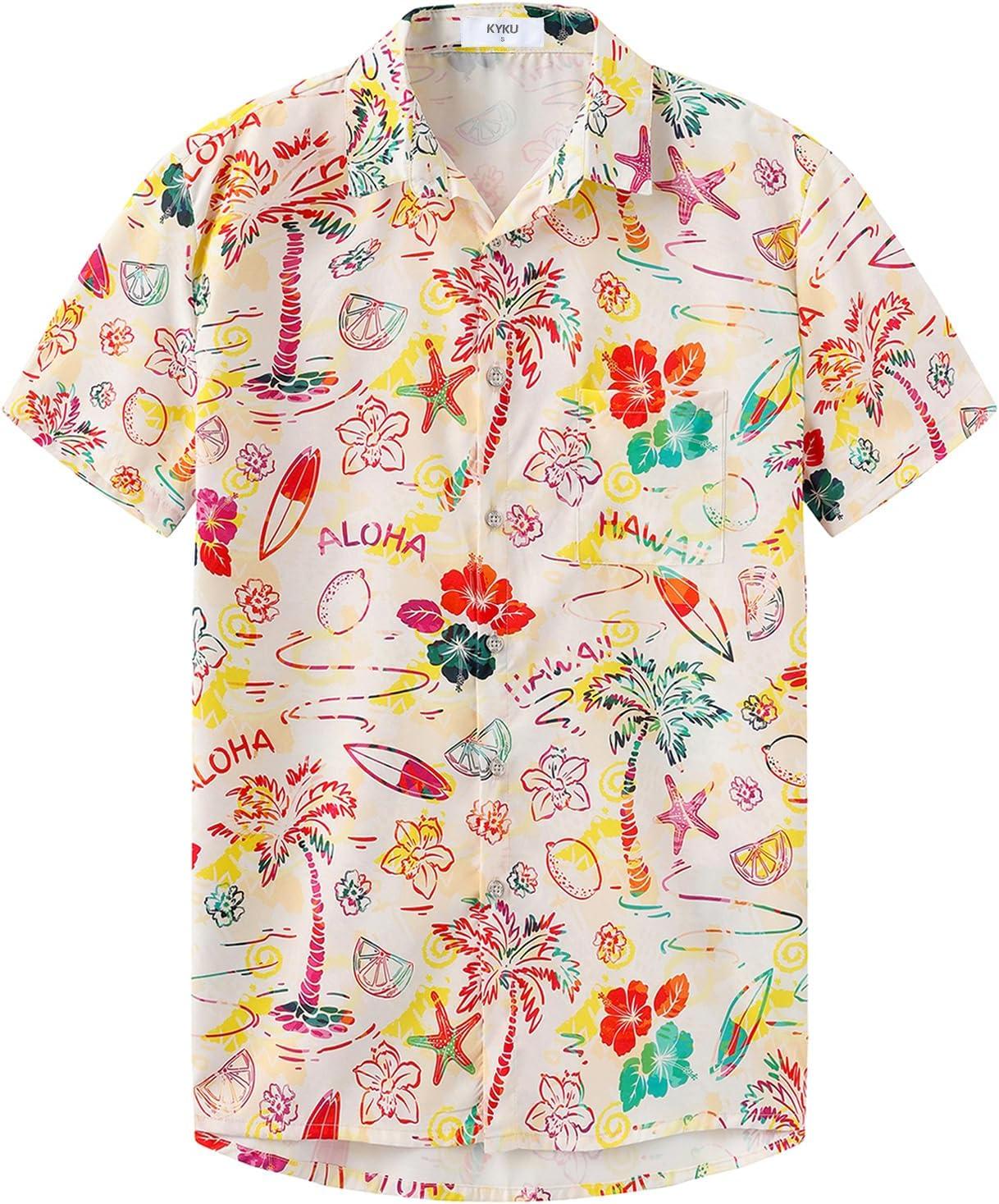 imageKYKU Hawaiian Mens Shirts Casual Beach Vacation Tropical Mens Button Down Short Sleeve Shirt with PocketTropical Multicolor Men Hawaiian Button Shirt