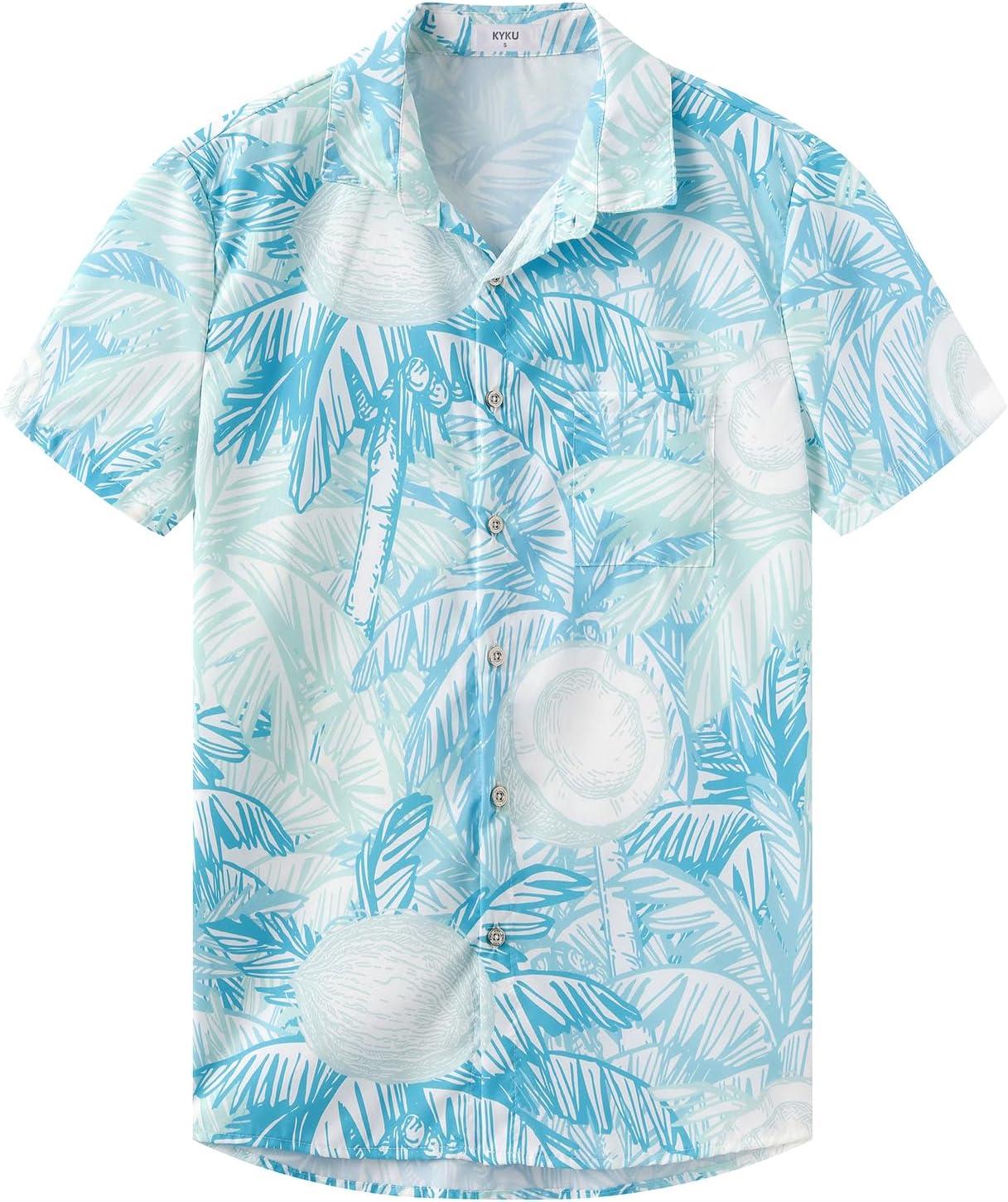 imageKYKU Hawaiian Mens Shirts Casual Beach Vacation Tropical Mens Button Down Short Sleeve Shirt with PocketWhite Blue Hawaiian Men Button Down Shirt