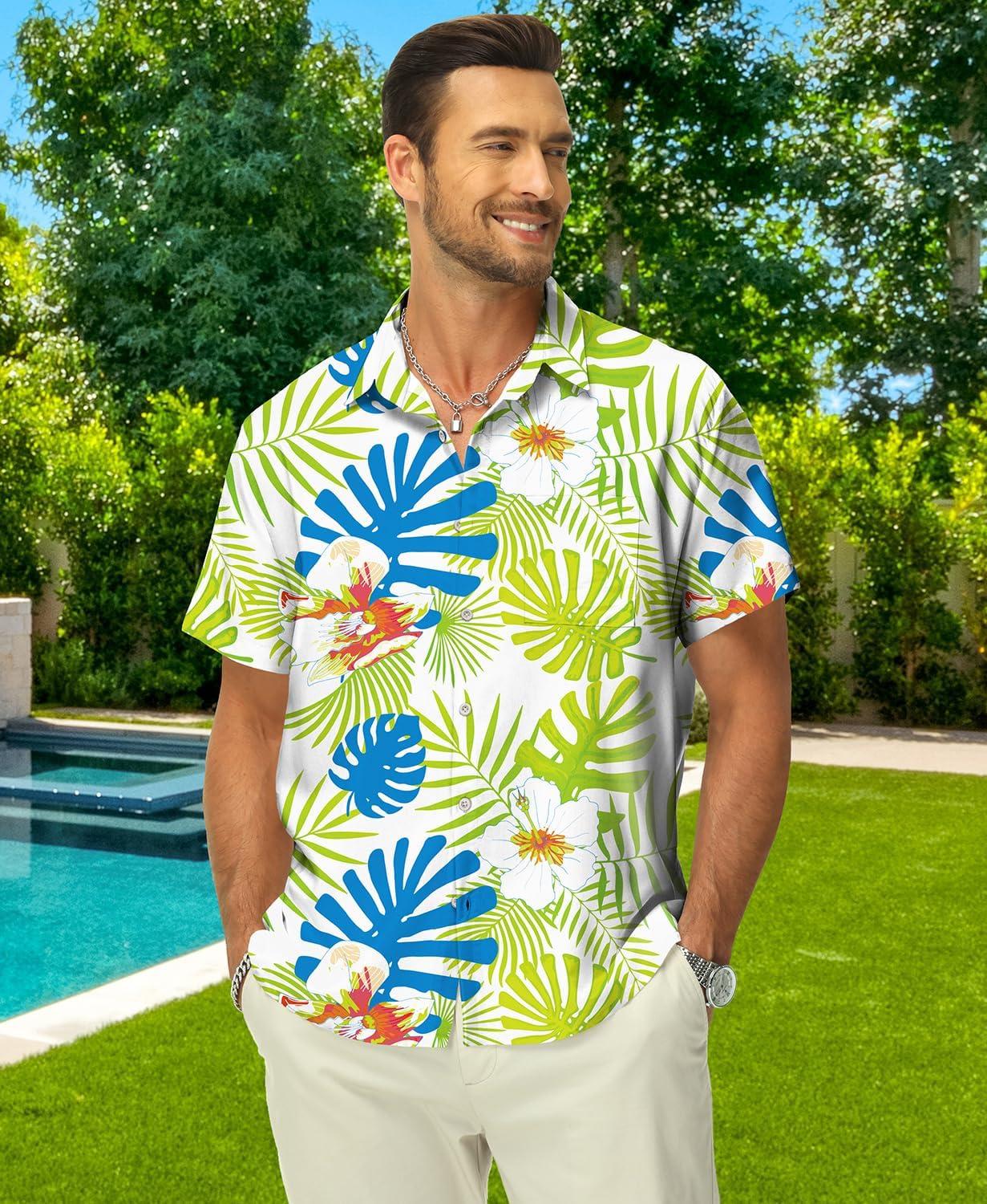 imageKYKU Hawaiian Mens Shirts Casual Beach Vacation Tropical Mens Button Down Short Sleeve Shirt with PocketWhite Green Hawaiian Men Button Down Shirt