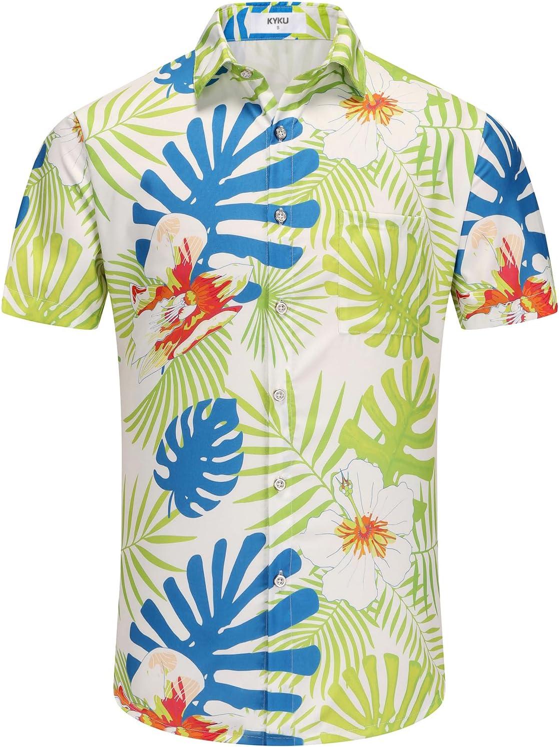 imageKYKU Hawaiian Mens Shirts Casual Beach Vacation Tropical Mens Button Down Short Sleeve Shirt with PocketWhite Green Hawaiian Men Button Down Shirt