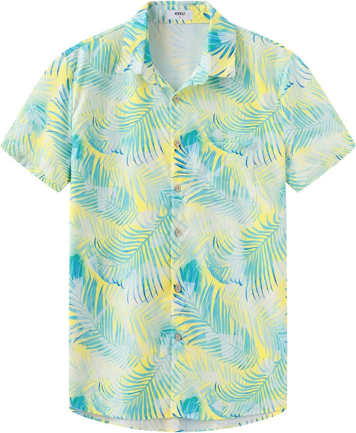 imageKYKU Hawaiian Mens Shirts Casual Beach Vacation Tropical Mens Button Down Short Sleeve Shirt with PocketYellow Blue Men Hawaiian Button Down Shirts