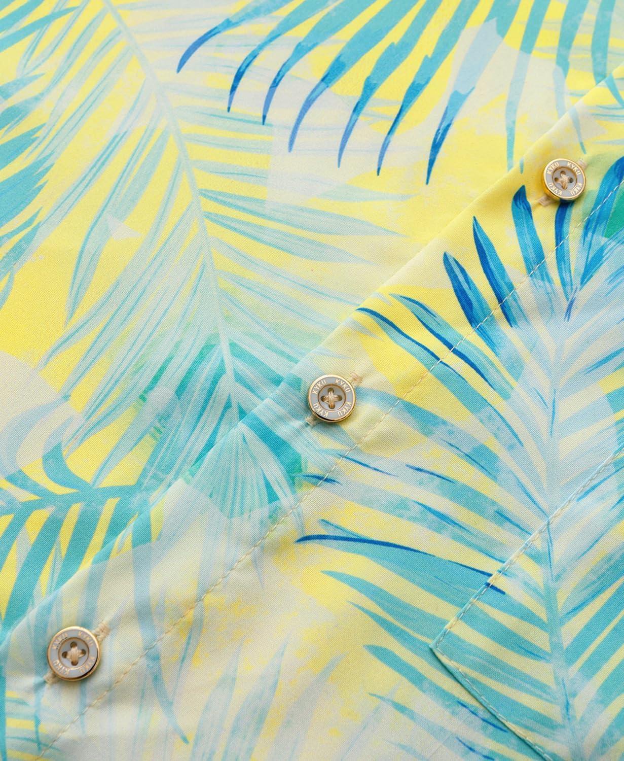 imageKYKU Hawaiian Mens Shirts Casual Beach Vacation Tropical Mens Button Down Short Sleeve Shirt with PocketYellow Blue Men Hawaiian Button Down Shirts