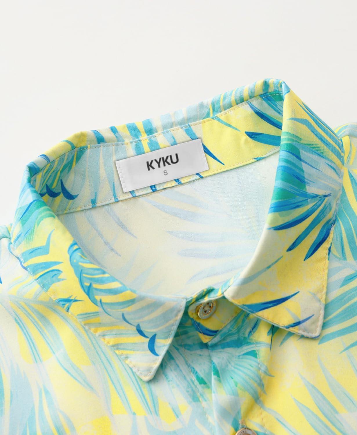 imageKYKU Hawaiian Mens Shirts Casual Beach Vacation Tropical Mens Button Down Short Sleeve Shirt with PocketYellow Blue Men Hawaiian Button Down Shirts
