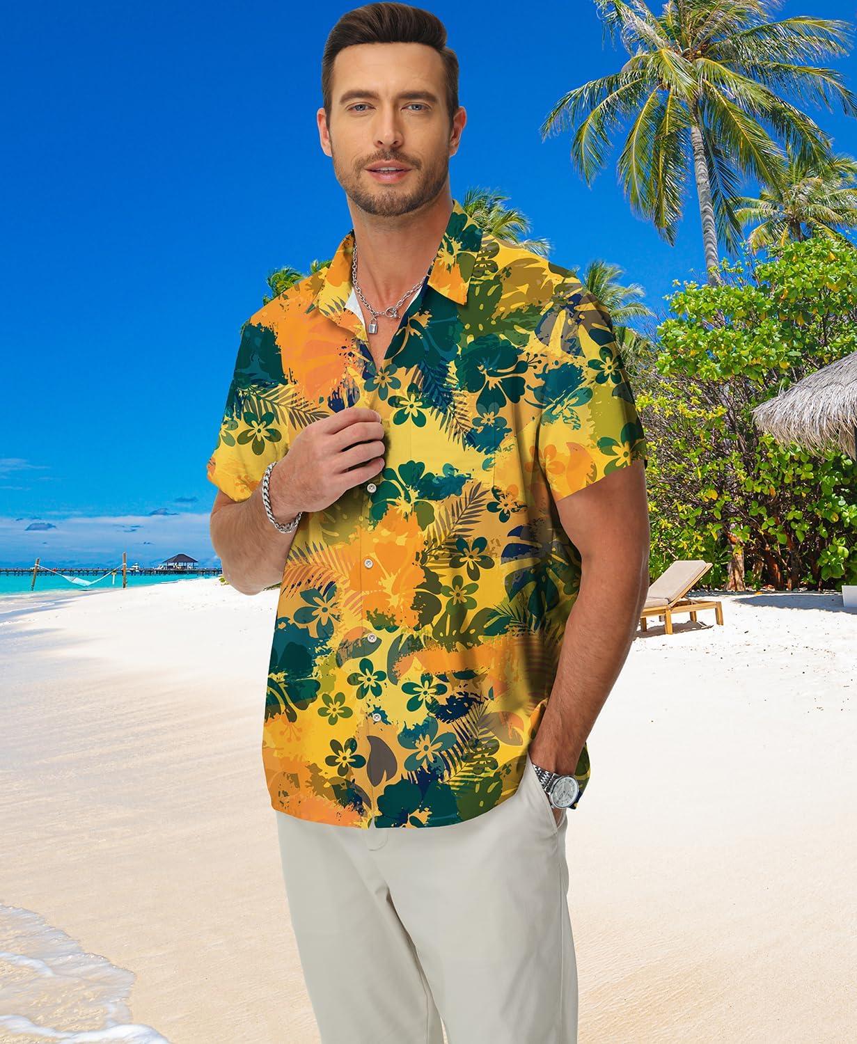 imageKYKU Hawaiian Mens Shirts Casual Beach Vacation Tropical Mens Button Down Short Sleeve Shirt with PocketYellow Hawaiian Men Button Down Shirt