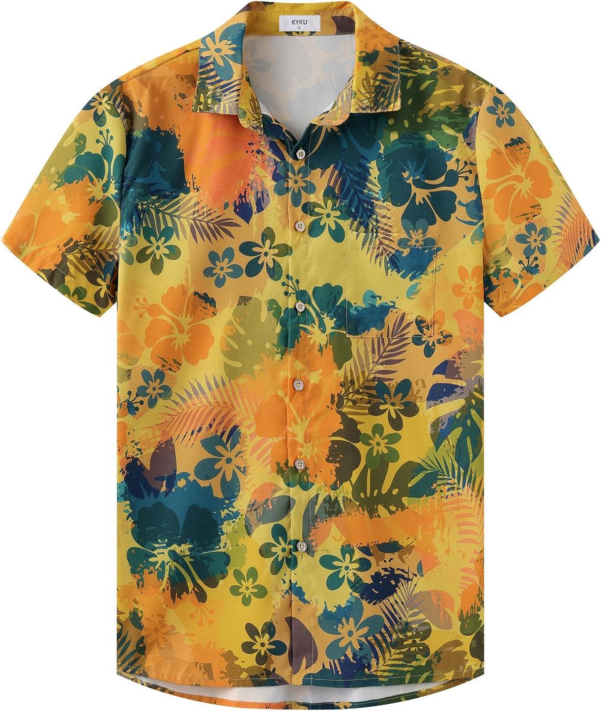 imageKYKU Hawaiian Mens Shirts Casual Beach Vacation Tropical Mens Button Down Short Sleeve Shirt with PocketYellow Hawaiian Men Button Down Shirt